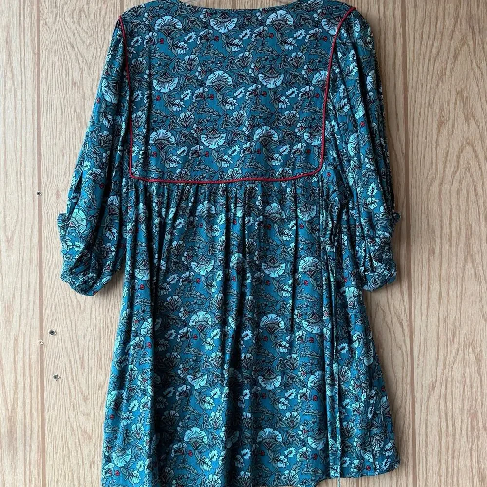 Band of the Free puff sleeve pocket short mini dress Aqua Teal floral BOG Small - Picture 6 of 16